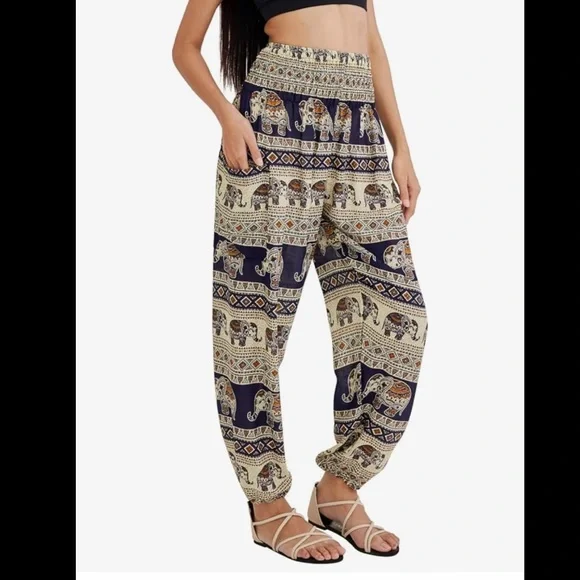 Joob Joob Elephant Print Navy and Cream Hippie Harem Pants/Boho Yoga Pants - Picture 1 of 7